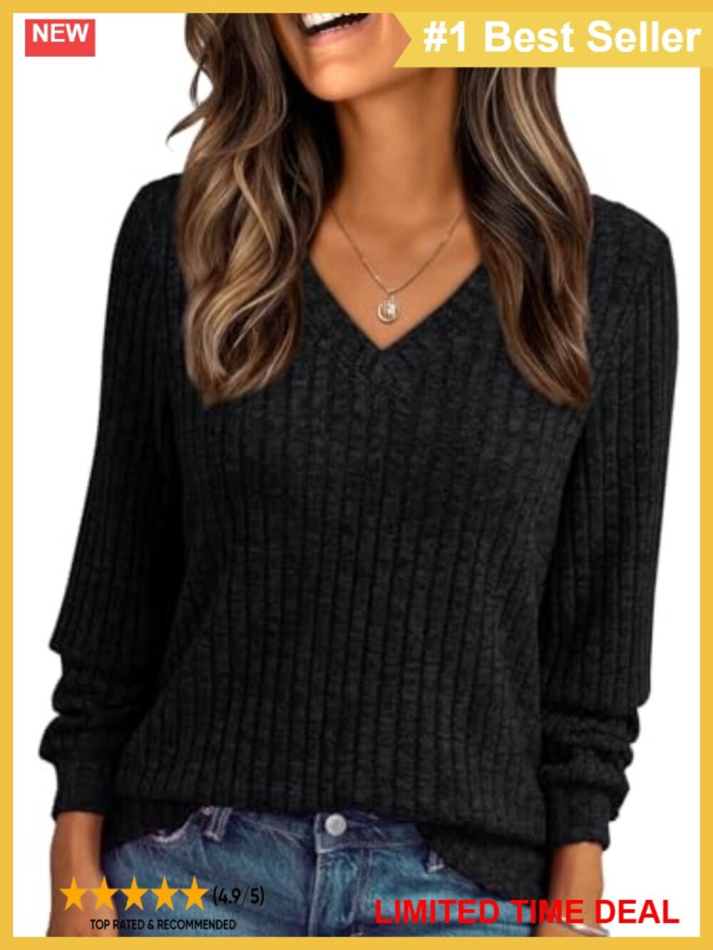 Womens V Neck Long Sleeve Lightweight Sweater Pullover Loose Fit Fall Top
